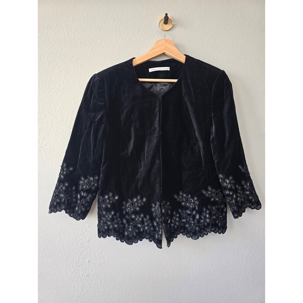 Peter Nygard Black Velvet Jacket Sz M Embroidered Floral Trim Vintage Chic Dark